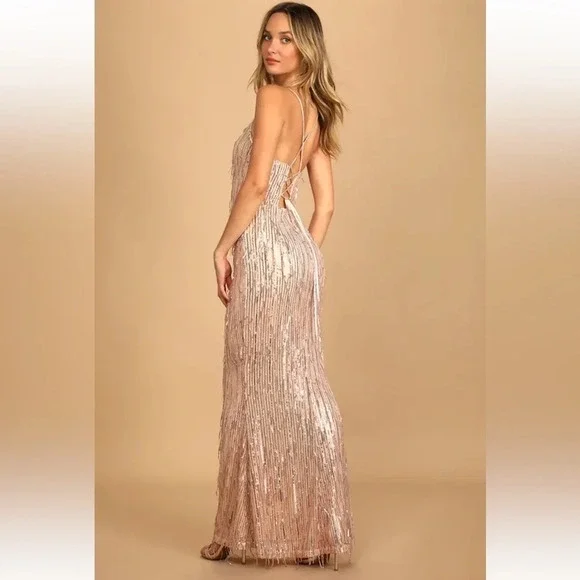 LULUS Endless Festivities Rose Gold Sequin Fringe Lace-Up Maxi Dress Formal Gown - Picture 5 of 13